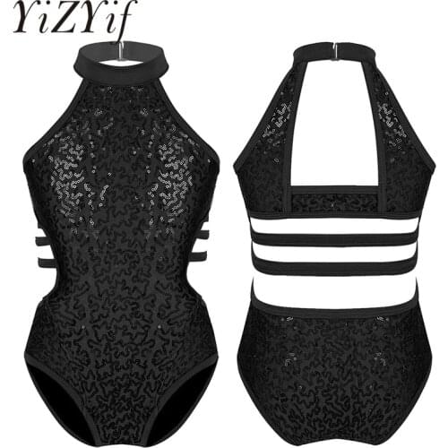Sparkly Sequins Ballet Leotards for Girls Sleeveless Cutouts Back Strappy Waist Gymnastics Leotards Ballet Dance costume Kids