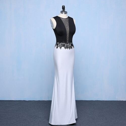 Black Appliques With White Formal Party Dress Senior Spandex Stain Mermaid High Neck Prom Evening Dress Custom