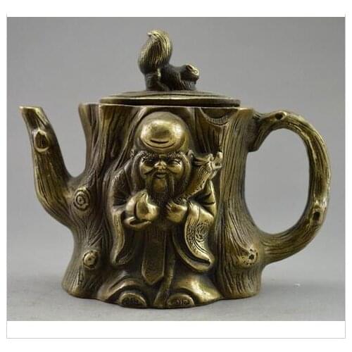 Decoration bronze factory Pure Brass Antique Decorated Old Handwork Copper Squirrel Immortal Old Man Tree Statue Tea Pot