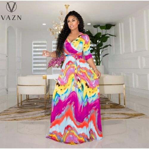 VAZN 2021 INS Early Autumn High-end Maxi Dress Bohemian Print Sexy Young Full Sleeve Lace Up Top Free Women Maxi Dress