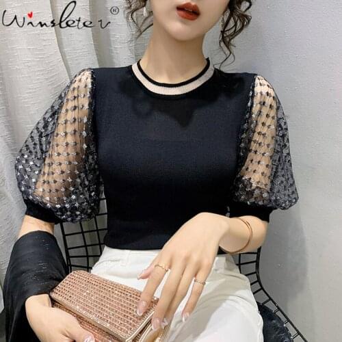 Summer 2021 Knitted T-shirt Women Knitwear Stretchy Chiffon Patchwork Casual Tops Tees Puff Sleeve Black White T17607A