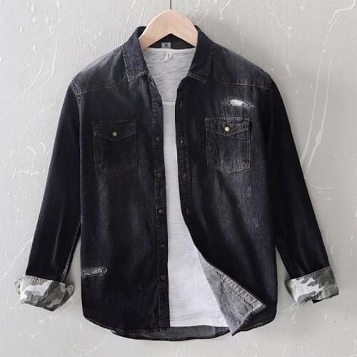 Cotton Spring Autumn Retro Vintage Pocket Jean Casual Cowboy Shirts Man Ripped Distressed Camouflage Patch Denim Shirt 100