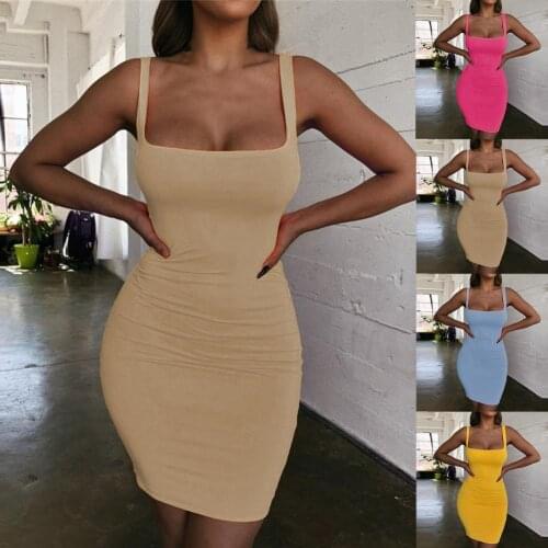 Sleeveless Bodycon Mini Dress Square Neck High Stretchy Summer Autumn Slim Solid Color Sling Dresses Party Sexy Yellow Clubwear