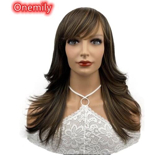 Onemily Long Straight Heat Resistant Synthetic Wigs for Women Girls with Bangs Theme Party Out Fun Dark Brown with Golden
