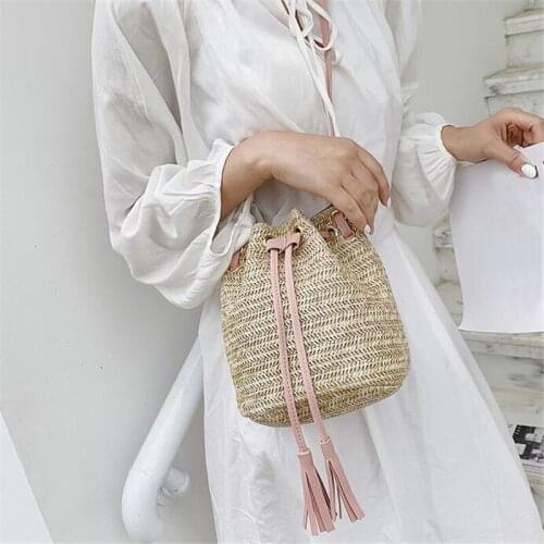 Crossbody Beach Bags Sweet Woven Square Shoulder Drawstring Bucket Handbags Women Bohemia Purely Hand-made Casual Drawstring