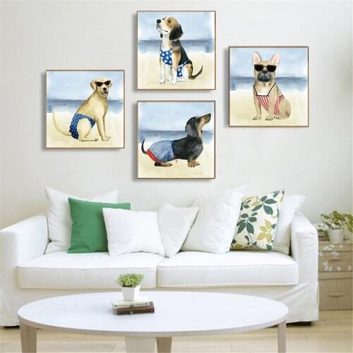 Poster Nordic Wall Decoration Bikini Dog Summer Beach Wall Picture Living Room Home Decoration Baby Room Decor Canvas Print
