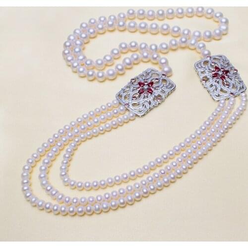 Luxury 8-9mm Nearround Natural Freshwater Pearl Multistrand Necklace Inner Length 75cm 6-7mm 3 Rows Pearl Necklace Lady Gifts