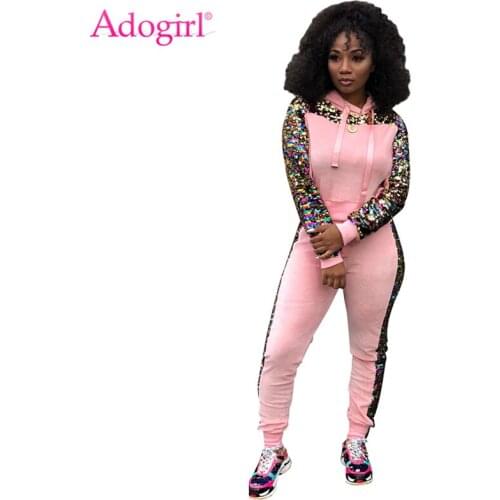Adogirl Sequins Patchwork Velvet Tracksuit Long Sleeve Hooded Sweatshirts Top + Fitness Pants Sporting Two Piece Set Streetwear