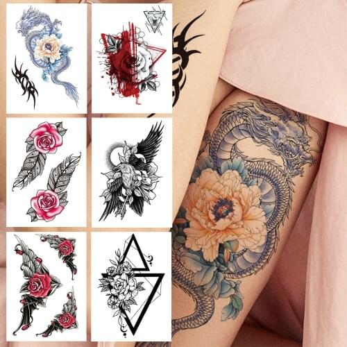 Dragon Flower Thorns Temporary Tattoos For Women Girls Fake Feather 3D Rose Tattoo Sticker Triangle Waterproof Lace Tatoos Decor