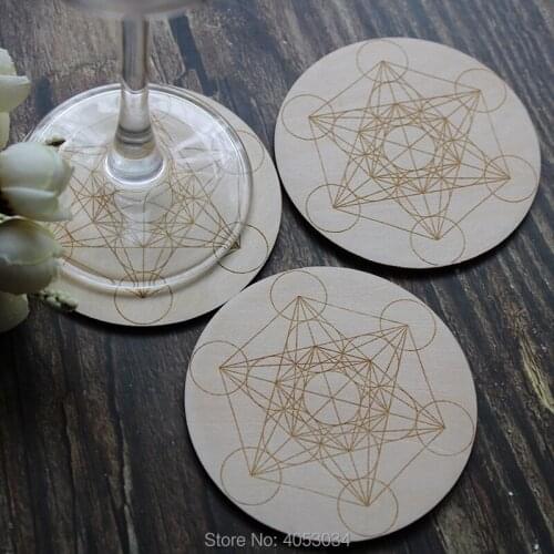 Charging Grid Sacred geometry Metatrons Cube alter tools engraved wood crystal grid plate wooden Coaster Metatrons laser