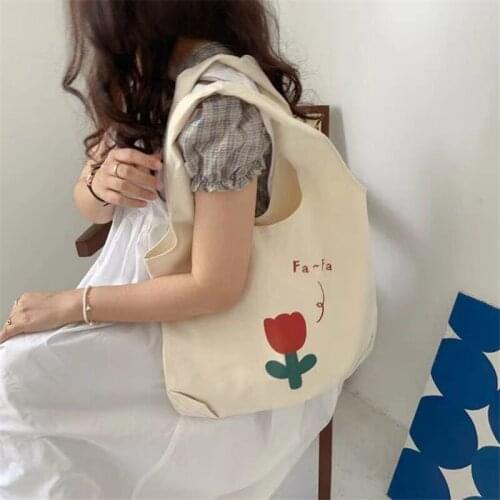 Women High-capacity Canvas Tote Bag Beige Flower Students Books Ins Fashion Shopping Shoulder Simple Japanese Open Easy to Match
