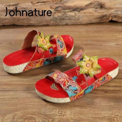 Johnature Summer Shoes Women Slippers Sandals Genuine Leather Outside Slides 2021 New Leisure Handmade Leisure Ladies Slippers