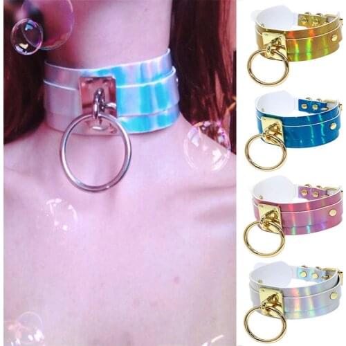 FestivalQueen Punk Round Laser Hologram PU Leather Choker Necklace for Women Holographic Harness Collar Jewelry Gift