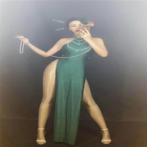 V96 Dark green high split female cheongsam sleeveless pearl evening dress party celebrate sing wears outfit bar perform skirt ds