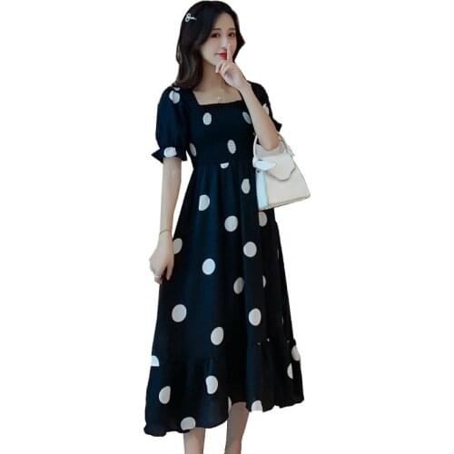 2021 Womens Summer Fashion DotsLooseDress Short Sleeve Square collar Ladies Mid-length halter BowBeach Holiday high qualityDress