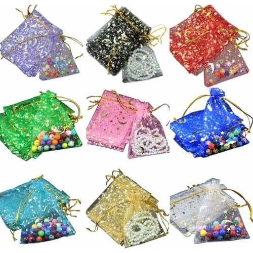 100Pcs Moon Stars Drawstring Organza Bags Drawstring Small Jewelry Gift Bags Pouches for Wedding Party Valentines Day