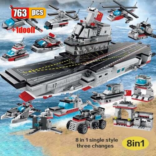 763Pcs 8in1 Military Aerial carrier FighterBuilding Blocks Helicopters Naval Vessels Warship Ship 3D Model Bricks Toys for Boys