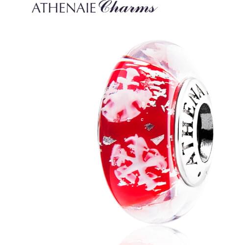 ATHENAIE Real 100% 925 Silver Core Snowflake Charm Murano Glass Bead Fit All European Bracelets Color Red Gift For Women Girl
