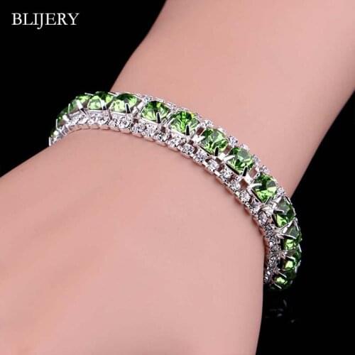 BLIJERY Charming Crystal Bracelets For Women Silver Plated Green Rhinestone Bracelets & Bangles Bridal Wedding Prom Jewelry Gift