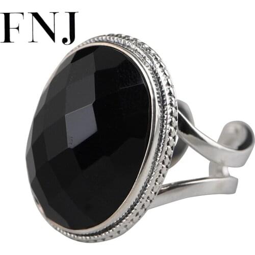 FNJ Black Agate Ring 925 Silver Adjustable Size 100% Original Real S925 Solid Silver Rings for Women Jewelry Fine