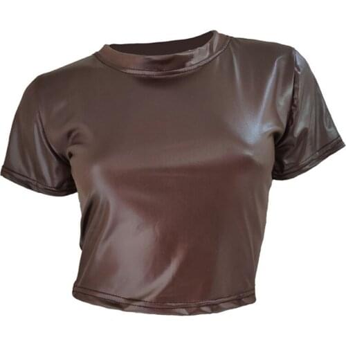 New Womens Sexy Club PU Leather Short Tops Camisole Solid Sleeveless Crop Tops O Neck Fashion Streetwear Party Tshirt