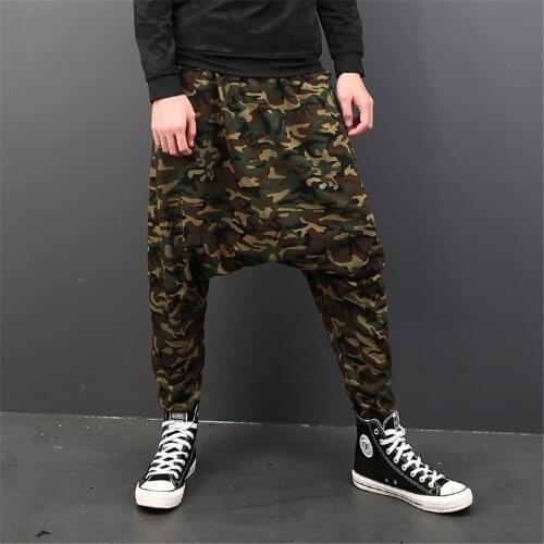 Personality Men Low Crotch Harem Pants With Elastic Waist Camouflage Baggy Hip-Hop Trousers With Pockets Spring Autumn
