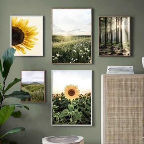 Sunrise Forest Trail Sunflower Meadow Bear Wall Art Canvas Painting Nordic Posters and Prints Living Room Decoration Wall Pictur