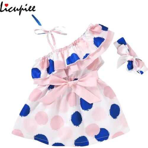 1-4 Years Girls Two Piece Set, Toddlers Dot Print Half Shoulder Dress Bow Ruffled Collar Camisole Lace Hair Band