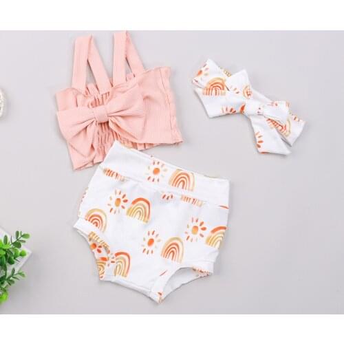 Baby Girls 2PCS Summer Outfits, Sleeveless Bow Knot Strap Crop Tops + Shorts + Headband Set