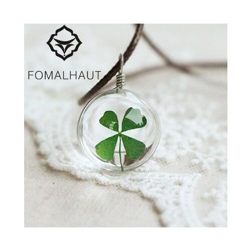 Hot FOMALHAUT Crystal glass Ball Clover Necklace Long Strip Leather Chain Dried flowers Pendant Necklaces Women 2016 Jewelry