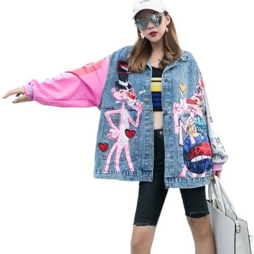Fashion Cartoon printing denim jacket women embroidery sequins loose casual jeans jackets one plus size Splicing sleeve coat
