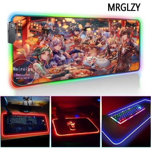MRGLZY Drop shipping Genshin Impact XXL LED Light RGB Gamer Gaming Accessories Anime Large Mouse Pad DeskMat for Laptop Keyboard
