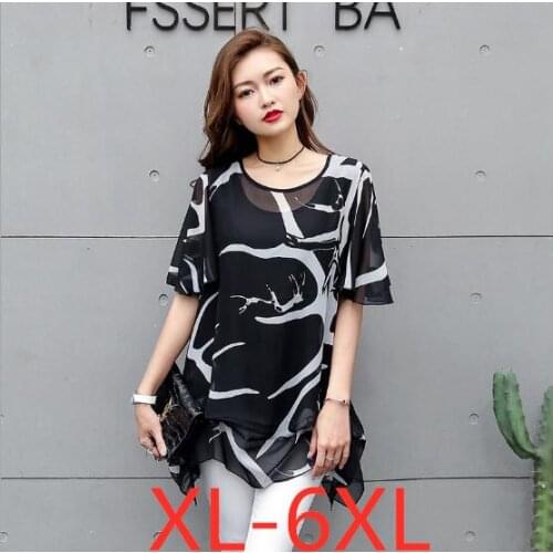 New ladies summer plus size top for women casual loose large size ruffles short sleeve long chiffon shirt black 4XL 5XL 6XL 7XL