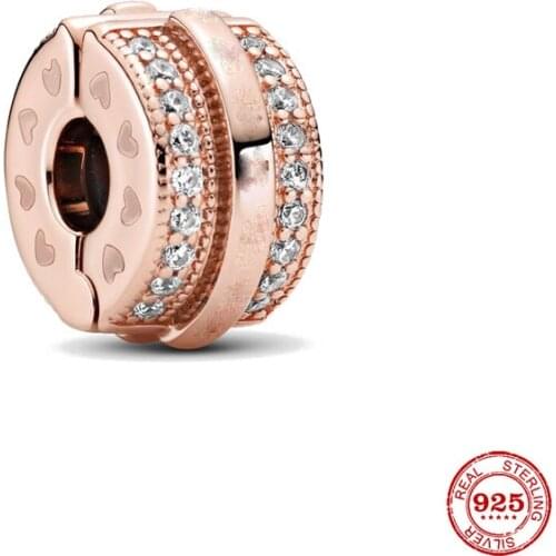 New Original rose gold line pave clip safety diy bead charm fit european pandora charms bracelet bangles diy jewelry P266-R