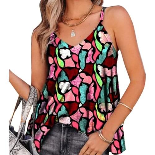 Q39C Women Strappy Tank Top Sexy V-Neck Multicolor Floral Camisole Sling Vest Blouse