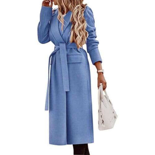 Plus Size Jacket Autumn Winter Women Coat Long Sleeve Wool Blend Lapel Outerwear Solid Color Belt Coat Jacket