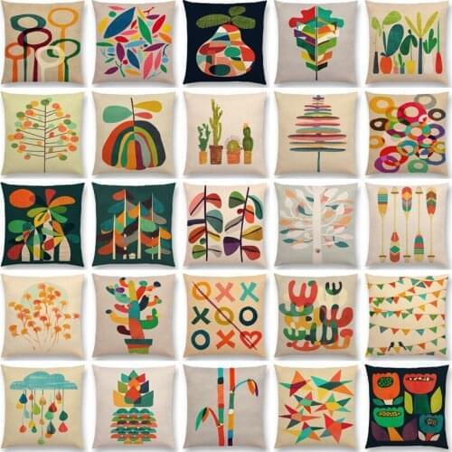 Polyester and linen Colorful Cartoon Plants Cute Trees Rain Stars Flowers Leaf Rainbow Geometric Abstract Pattern Cushion Cover