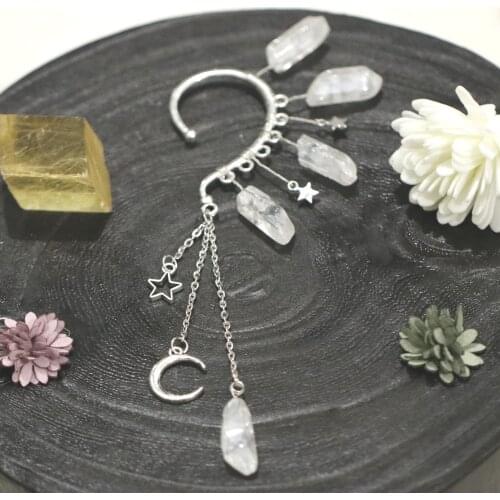 Silver Raw quartz crystal ear cuff Moon earrings Witch accessories Dragon ear cuff Boho bridal Fantasy Elven ear cuff gift