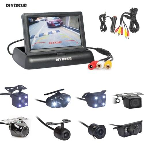 DIYSECUR 4.3" Foldabel Car Monitor Night Vision Backup Reverse Camera Car Rear View Camera free Car Charger Easy Connection
