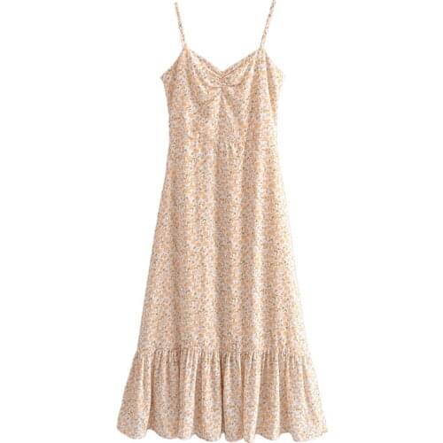 YENKYE Vintage Prairie Chic Floral Print Dress Women Sexy Sling Holiday Party Vestido Mujer A-line Slim Summer Chiffon Robe