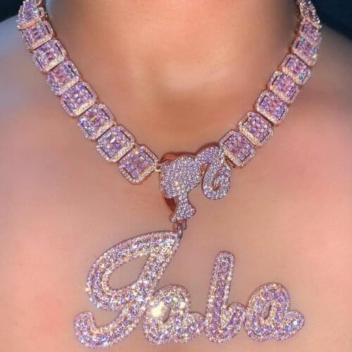 TBTK Girl Clasp Custom Brush Script Letter Two Tone Pendant Micro Paved CZ Baguette Chain Necklace Personalized Hiphop Jewelry