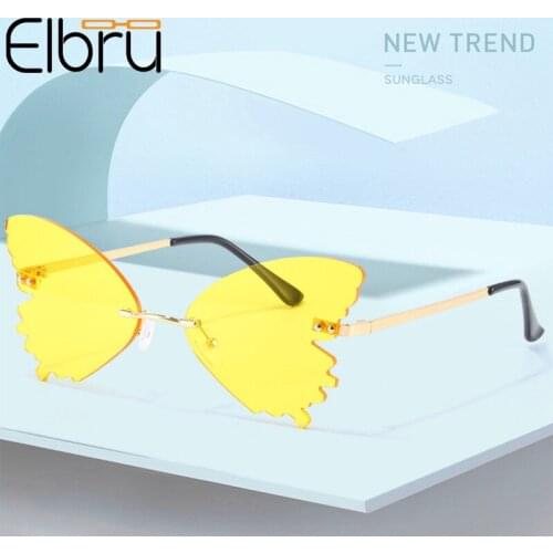 Elbru Butterfly Rimless Sunglasses Women Fashion Vintage Metal Glasses Cat Eye Mirror Eyewear Trending Party Sun Glasses Oculos