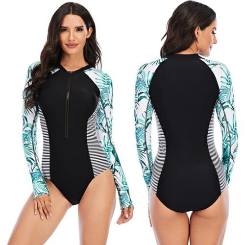 Plus Size One Piece Swimsuit Sexy Long Sleeve Swimwear Women Print Bathing Suit Beach Wear Swimming Suits 2XL Monokini 2021 New