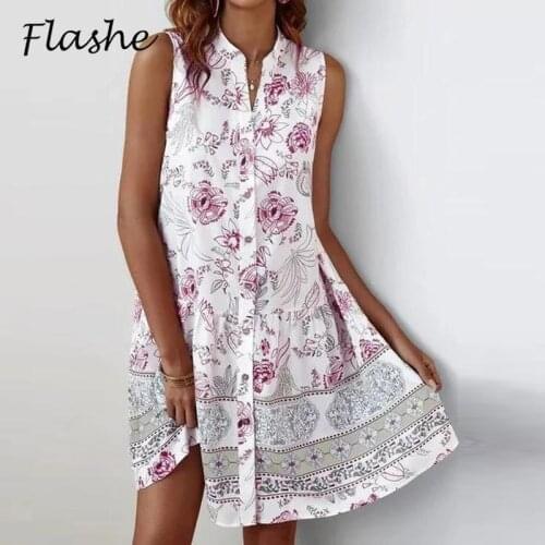 Retro Floral Prints Mini Dress Women Casual V Neck Sleeveless Button Elegant Party Dress 2021 Summer Dresses For Women