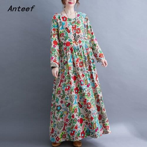 Anteef long sleeve cotton vintage floral dresses for women casual loose woman summer spring autumn dress elegant clothing 2021