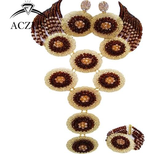 ACZUV Brand Brown and Gold African Jewelry Set 2017 Nigerian Wedding Beads Necklace Jewellery A10R017