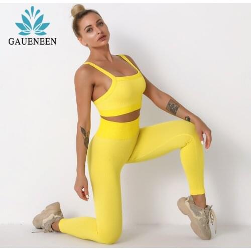 GAUENEEN 2 Piece Seamless Yoga Set Women Fitness Gym Clothing Ribbed Sports Bra High Waist Leggings Workout Clothes Tracksuit