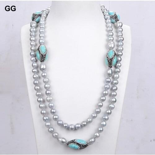 GG Jewelry Natural Gray Keshi Pearl Blue Turquoises Oval Nugget CZ Paved Long Necklace For Women Lady Fashion Jewelry Gift