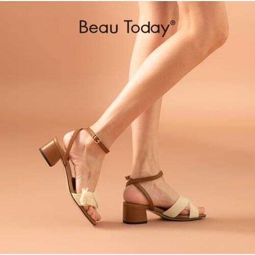 BeauToday High Heel Sandals Women Cow Leather Straw Patchwork Square Toe Ankle Buckle Strap Summer Ladies Shoes Handmade 31163