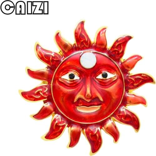 CAIZI 2019New Red Cute Sun god Brooch Rhinestone Flower Brooches For Women Enamel Pin Wedding Jewelry Clothes Accessories Gifts